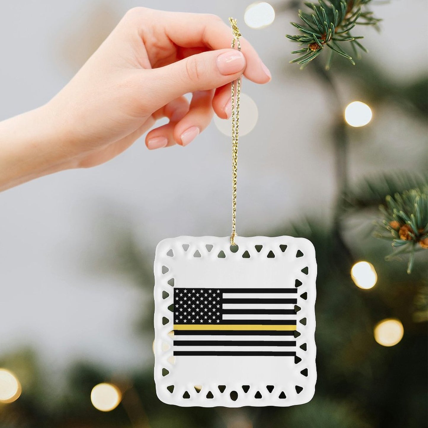 Thin Gold Line Flag Inspired Square Ceramic Ornament (Made in the USA)