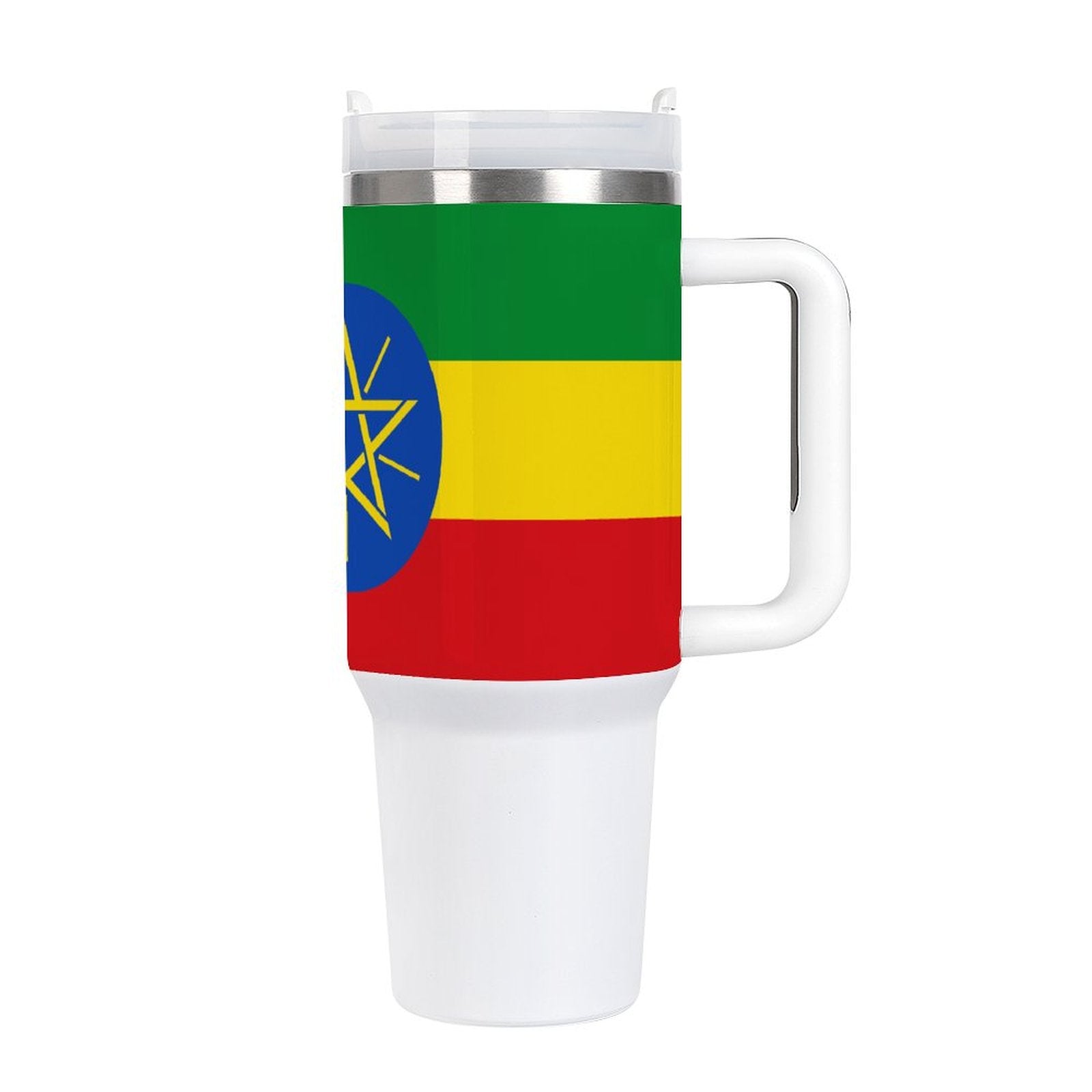 White travel mug with Ethiopian flag design, [Brand] logo.