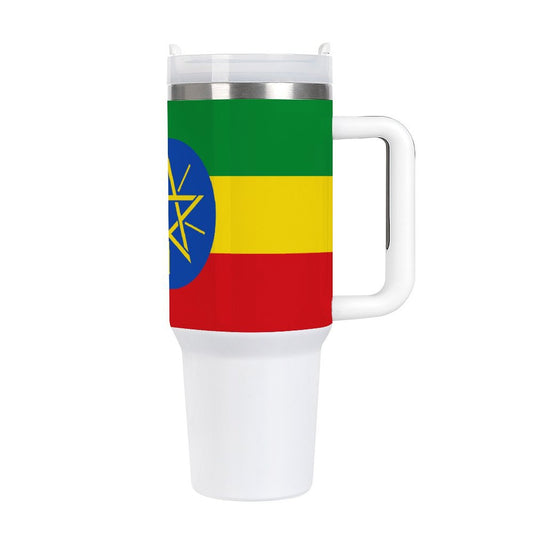 White travel mug with Ethiopian flag design, [Brand] logo.