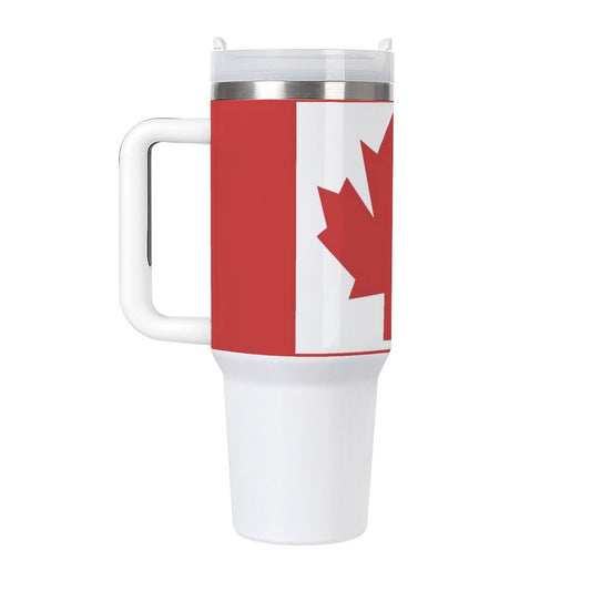 [Brand] tumbler featuring Canadian flag design, white handle.