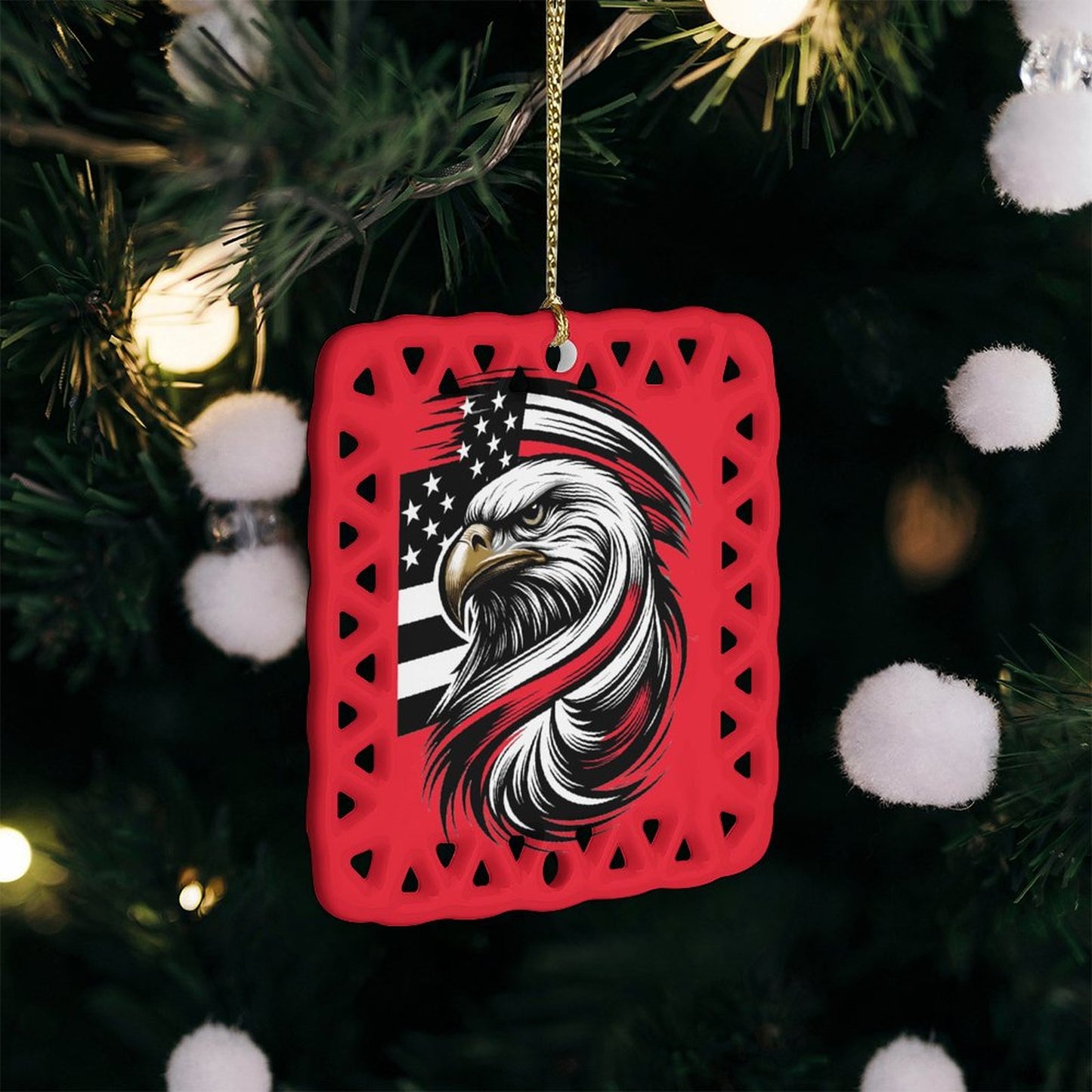 Thin Red Line Flag Inspired Eagle Square Ceramic Ornament Made in the USA