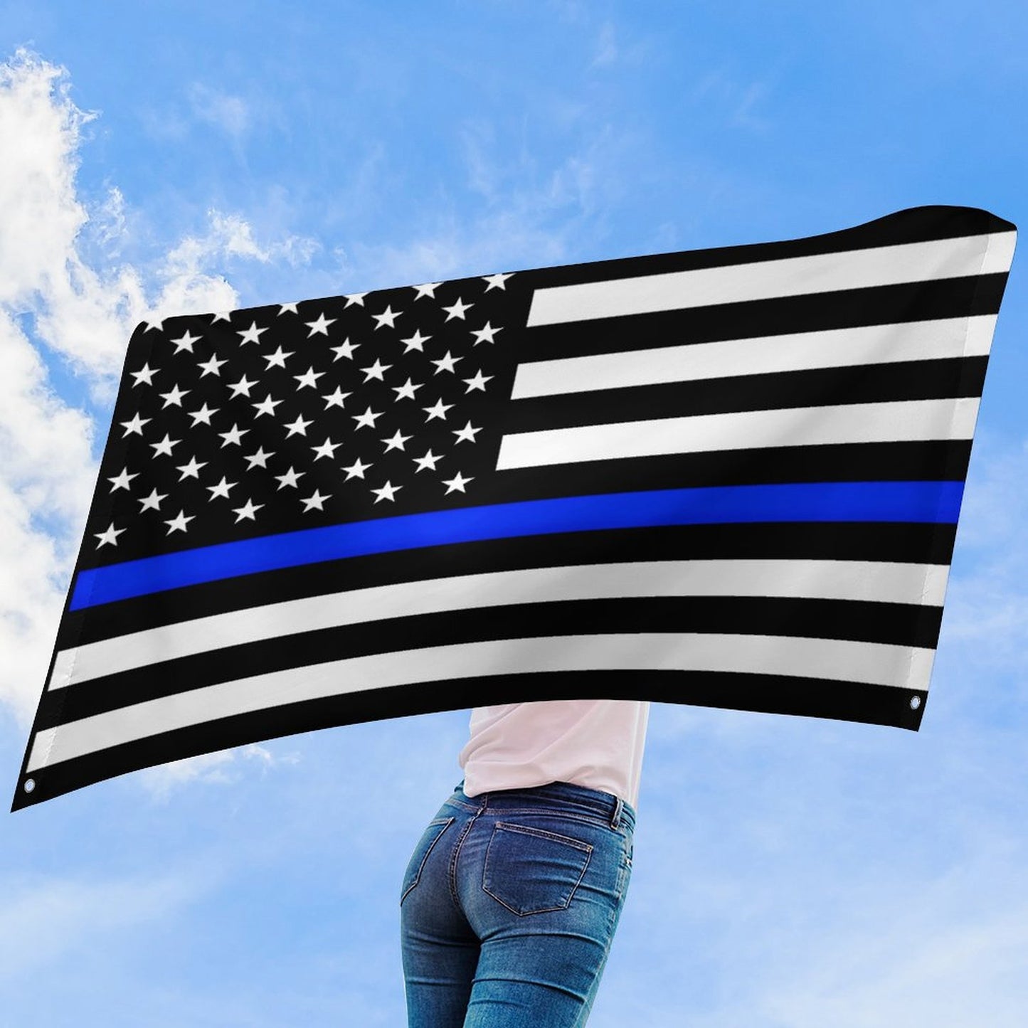 Thin Blue Line Flag Inspired Wall Mount Flag with Four Grommets (35x59 in)