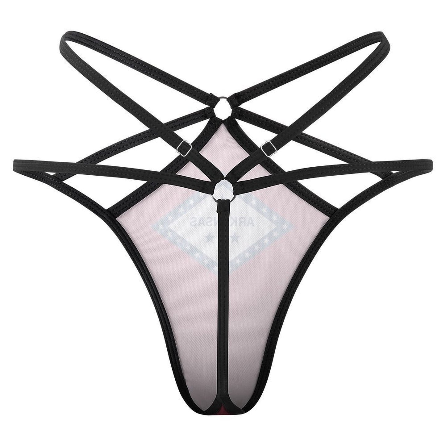 Black strappy harness thong with geometric design by [Brand].