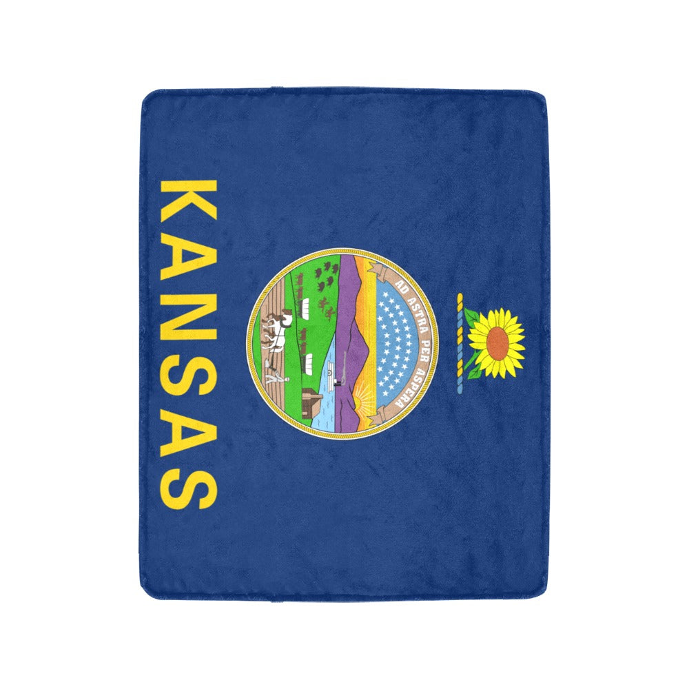 Blue Kansas blanket featuring state seal, Luv My Flag.