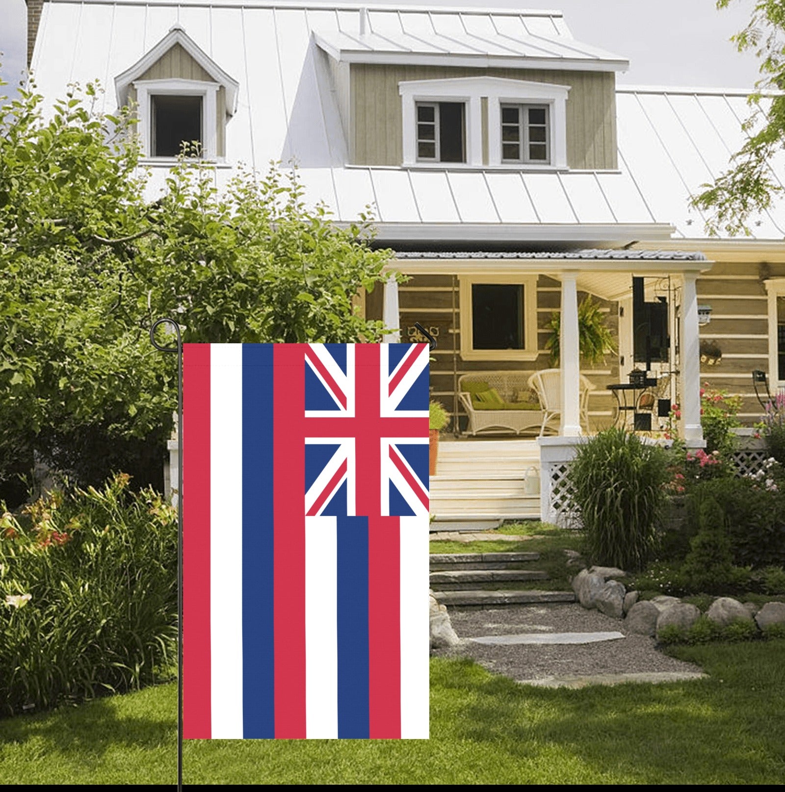 Front yard with [Luv My Flag] design, featuring stripes.