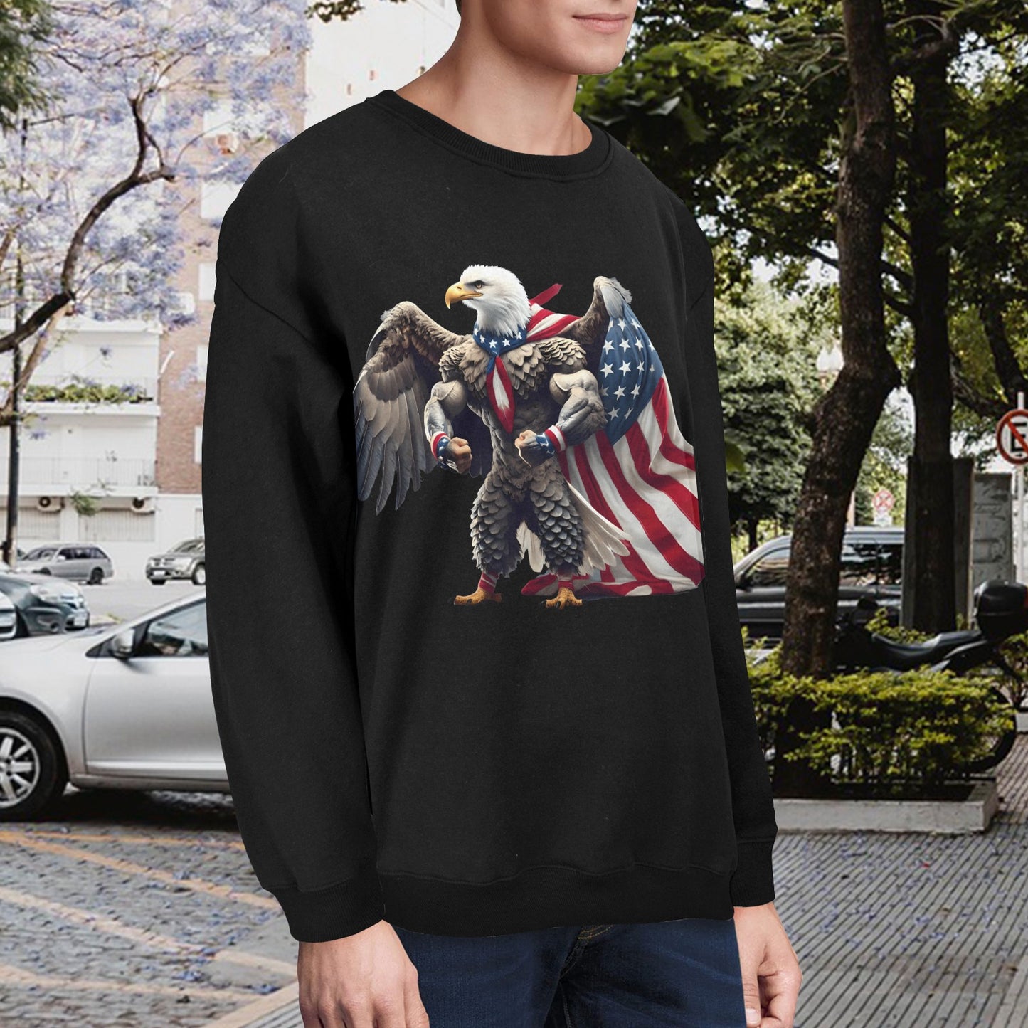 USA/American Flag Inspired Bald Eagle With Flag Cape Unisex Fleece Sweatshirt (Made in the USA)