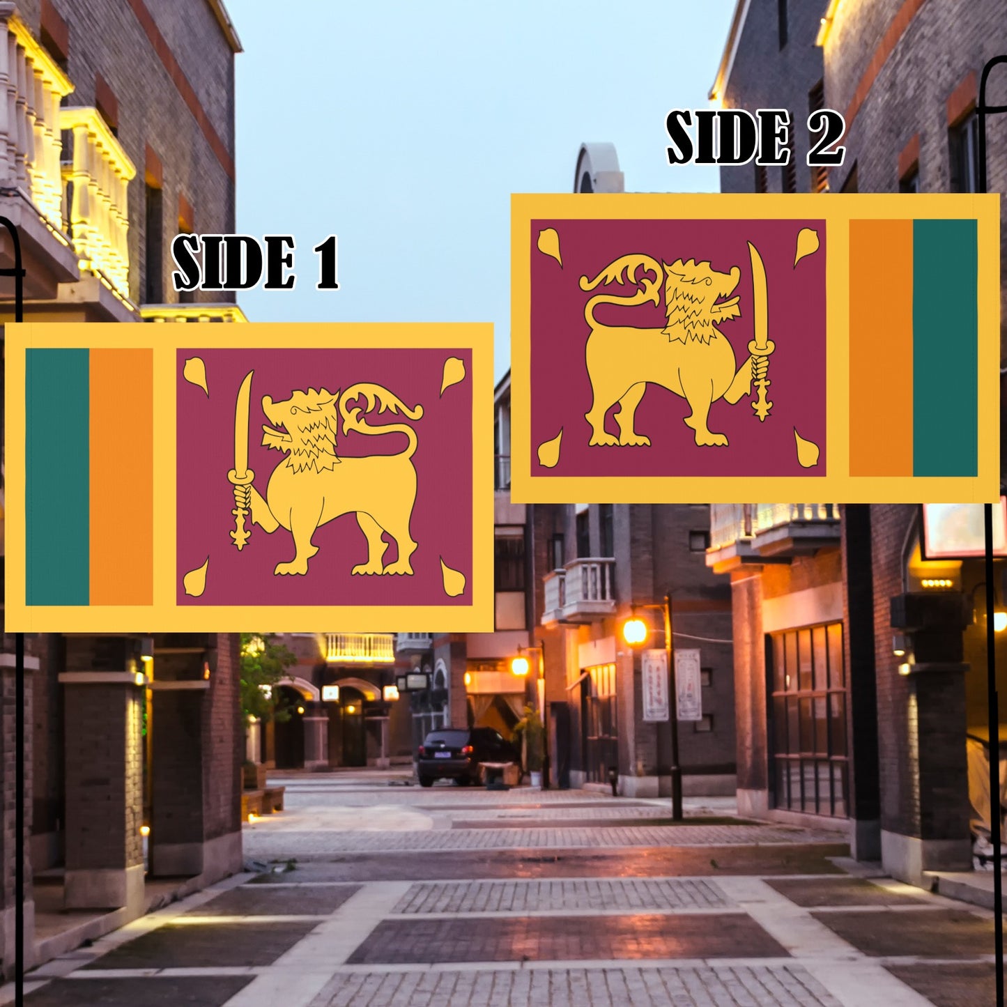 Two-sided Sri Lanka flag by Luv My Flag brand.