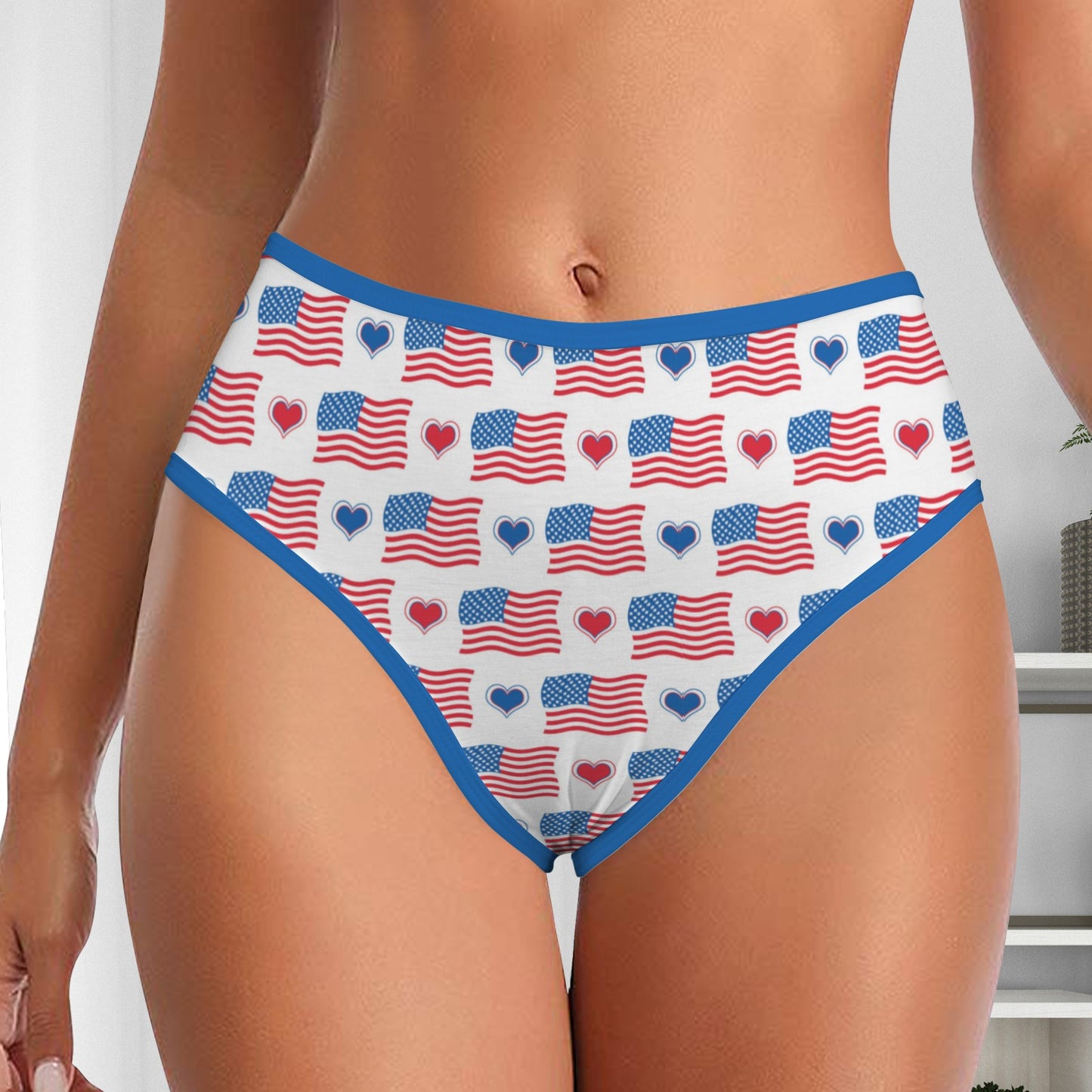 USA/American Flag Inspired Flag and Hearts Pattern Women's High Waisted Brief