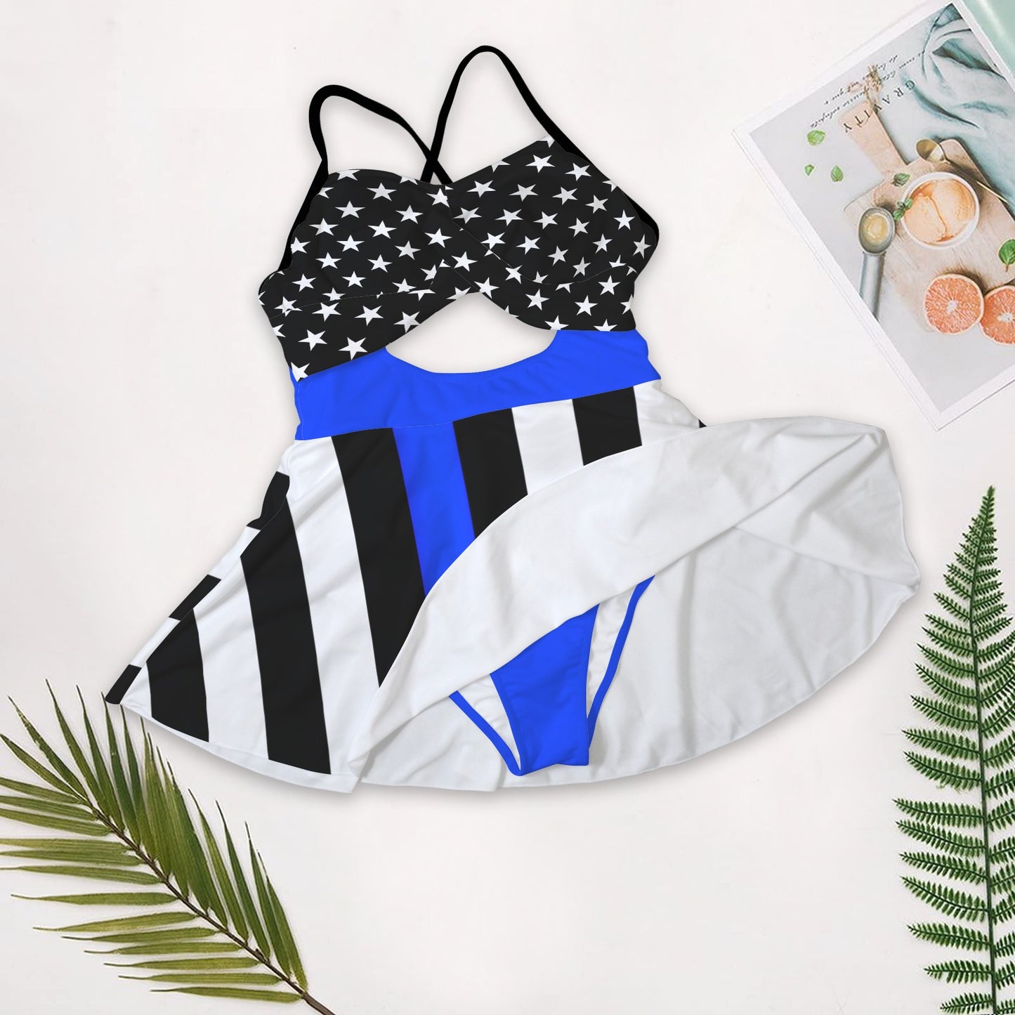 Thin Blue Line Flag Inspired Women's One-Piece Swimsuit with Cutout Crisscross Back