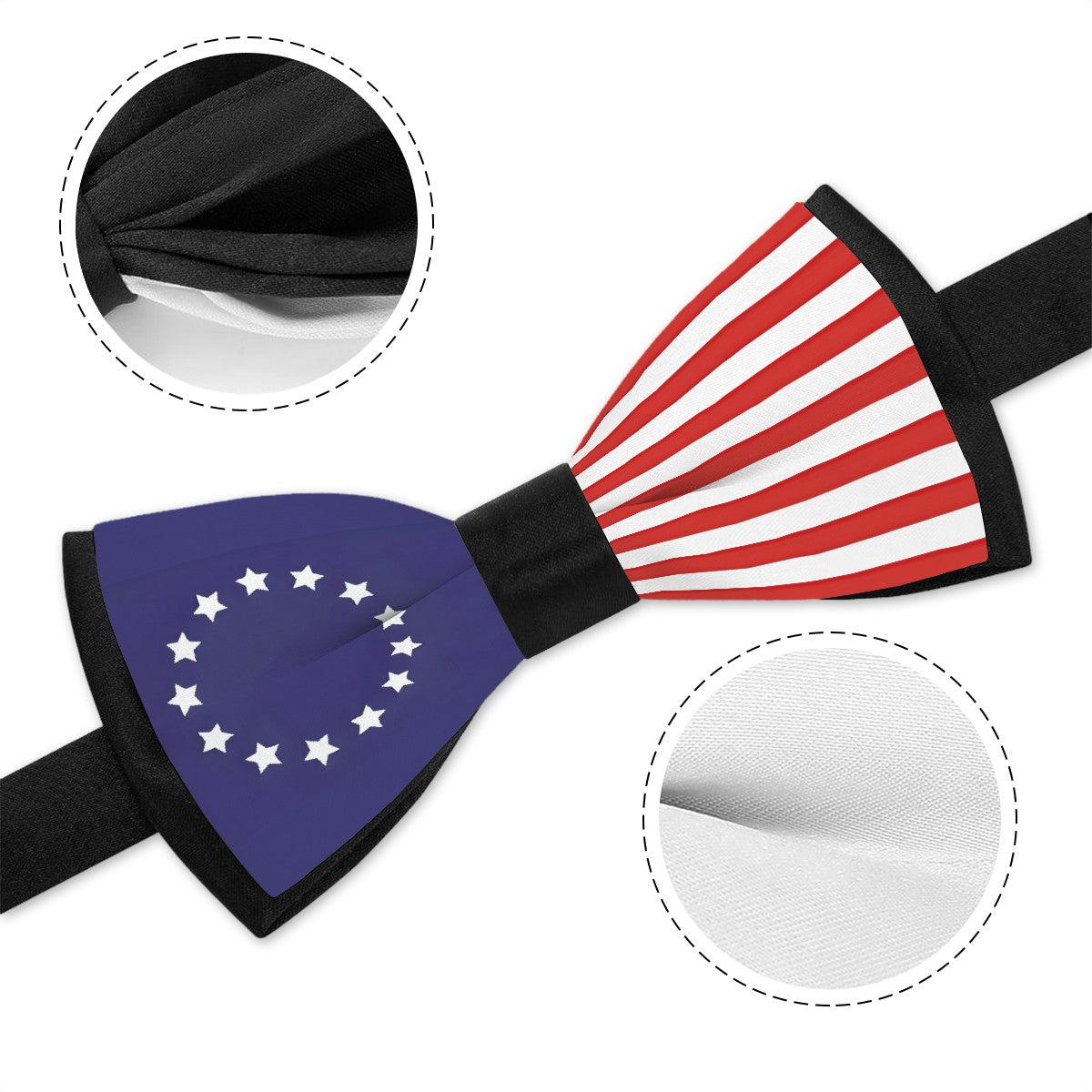 [Brand] bow tie with patriotic stars, stripes, black strap.