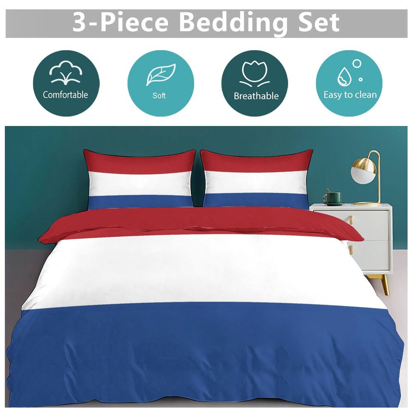 Netherlands Flag Inspired 3-Piece Bedding Set (1 Duvet Cover + 2 Pillow Shams) – 102"×90"