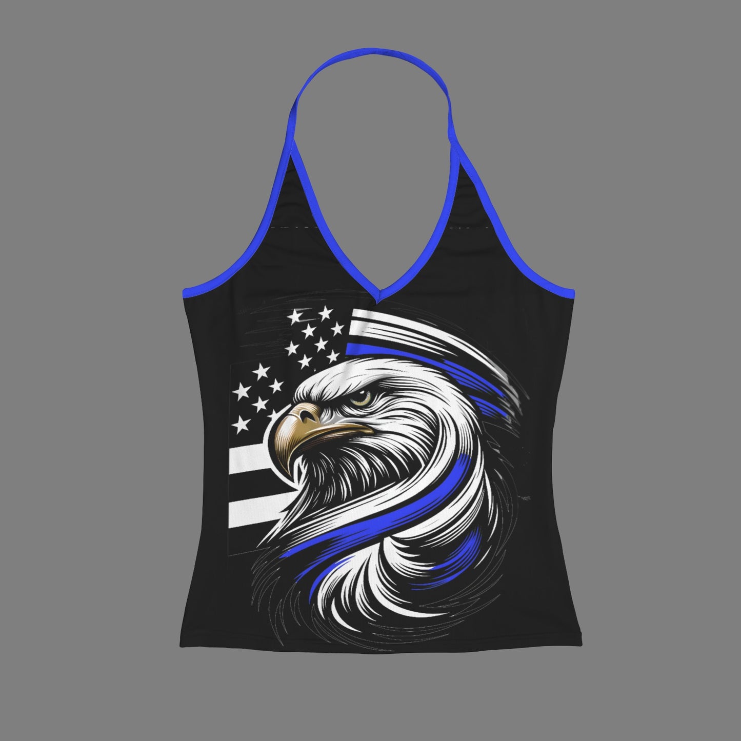Thin Blue Line Flag Inspired Eagle V-neck Halter Open Back Tank Top