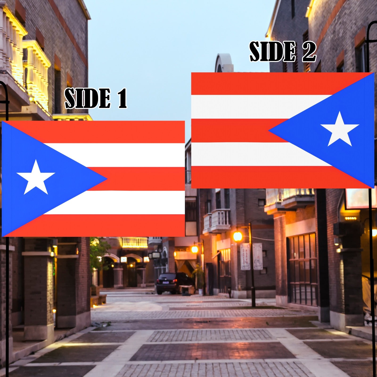 Two Puerto Rican flags by Luv My Flag; evening street.