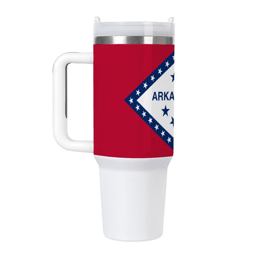 [Brand] travel mug featuring Arkansas state flag design.