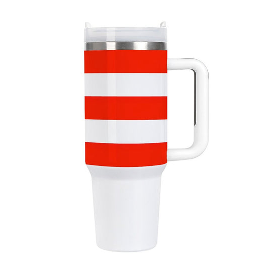 [Brand] travel mug with red and white striped design.