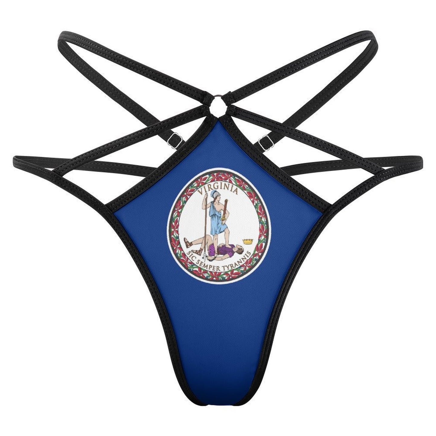 Blue underwear featuring Virginia state seal, black straps, [Brand].