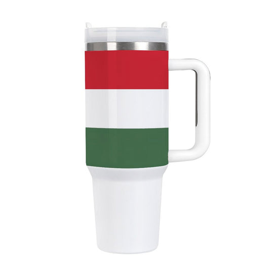 [Brand] travel mug with red, white, green striped design.