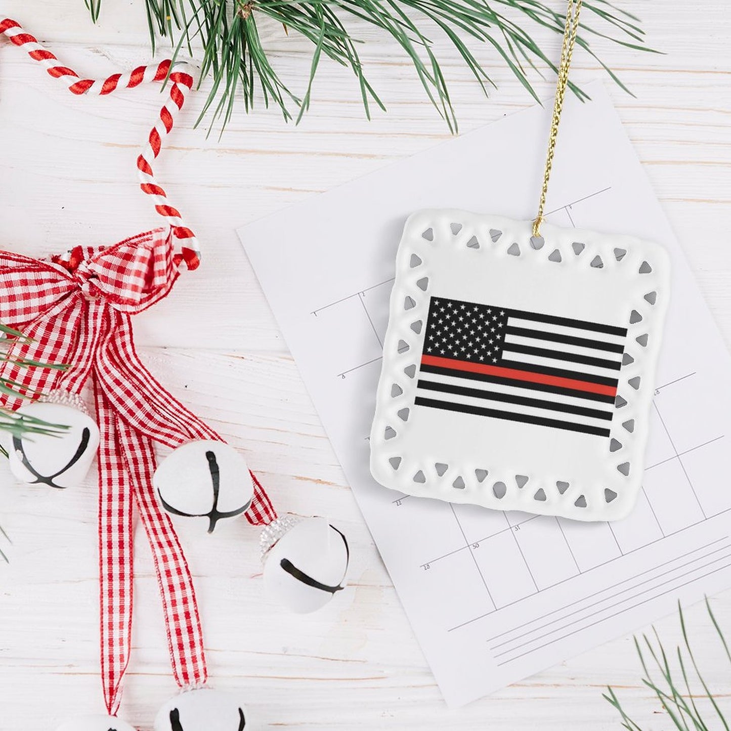 Thin Red Line Flag Inspired Square Ceramic Ornament (Made in the USA)