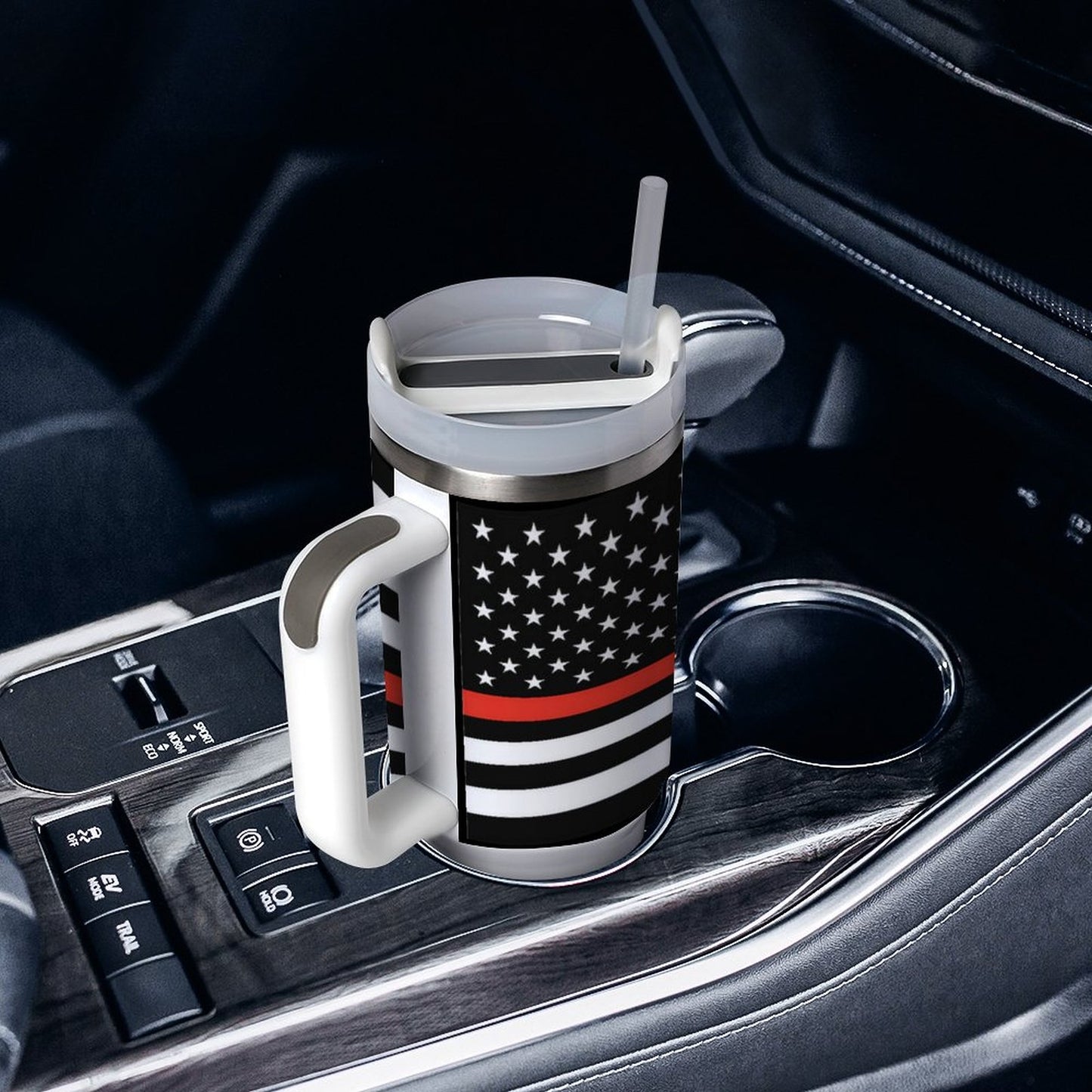[Brand] insulated mug with American flag design in car.