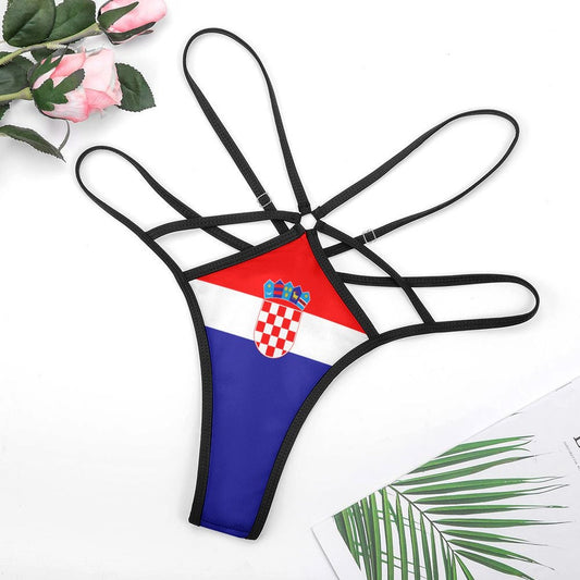 [Brand] strappy thong with Croatian flag design and flowers.
