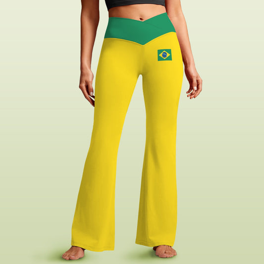 Brazil Flag Inspired Women's V-Crossover High Waisted Flare Leggings