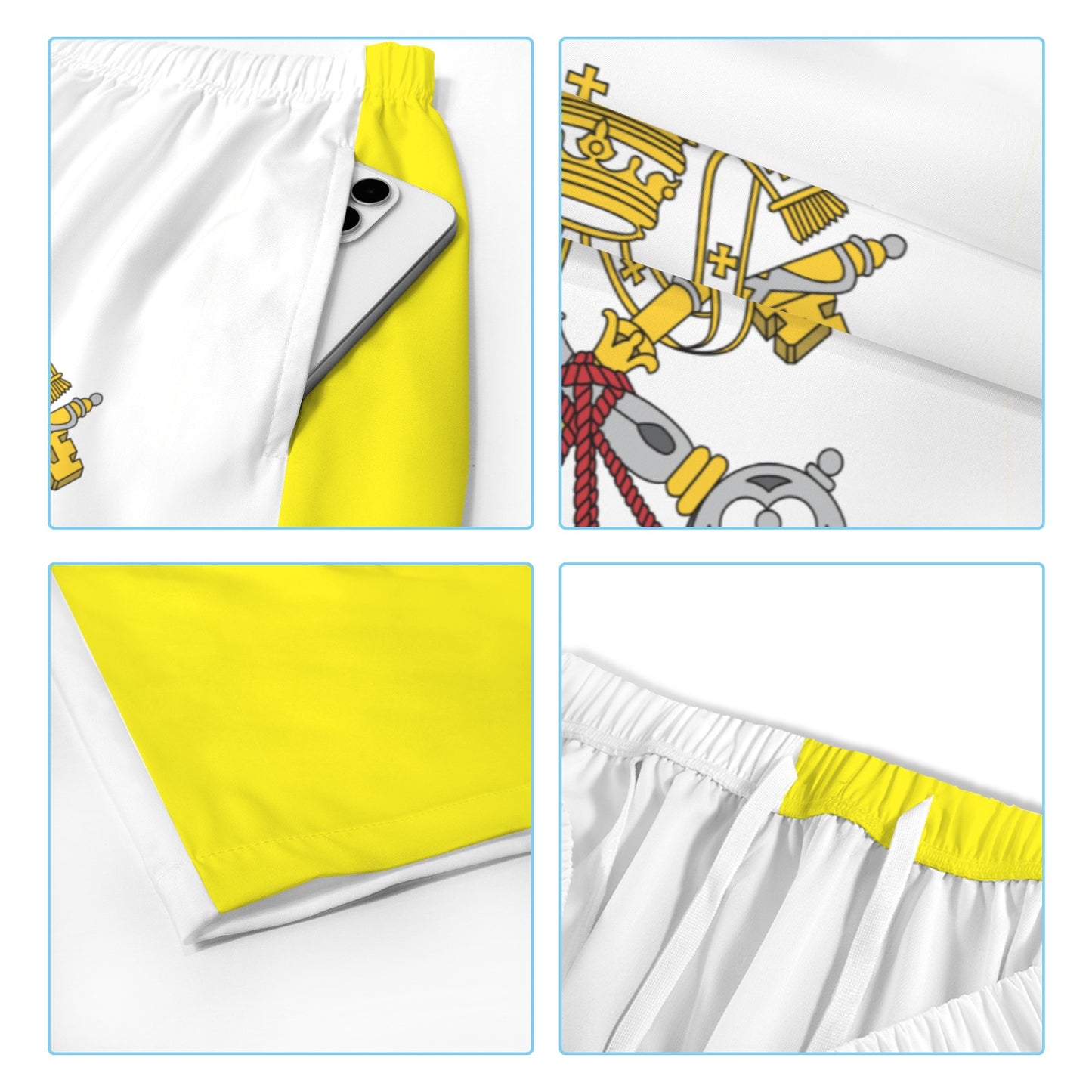 Vatican City Flag Inspired Men’s Draw String Pocket Beach Shorts Printed in the USA