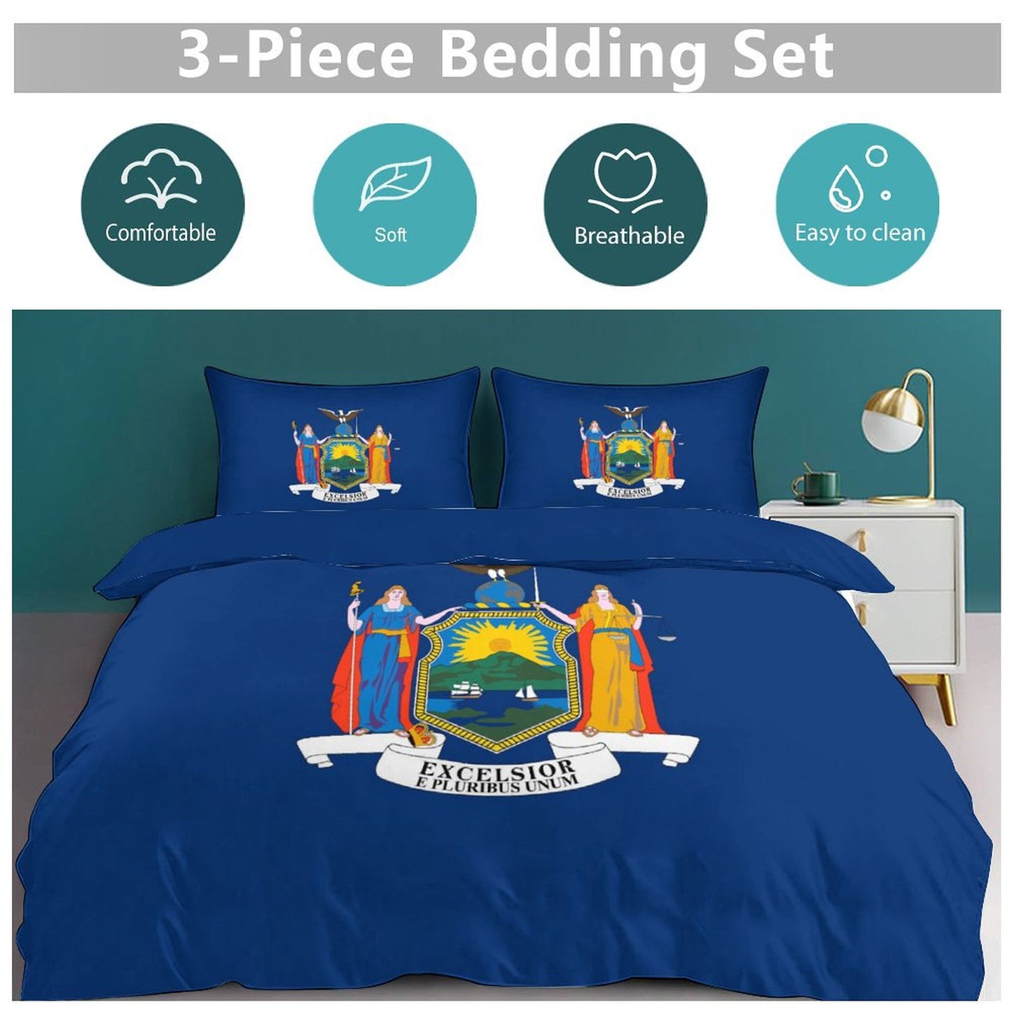 New York Flag Inspired 3-Piece Bedding Set (1 Duvet Cover + 2 Pillow Shams) – 102"×90"