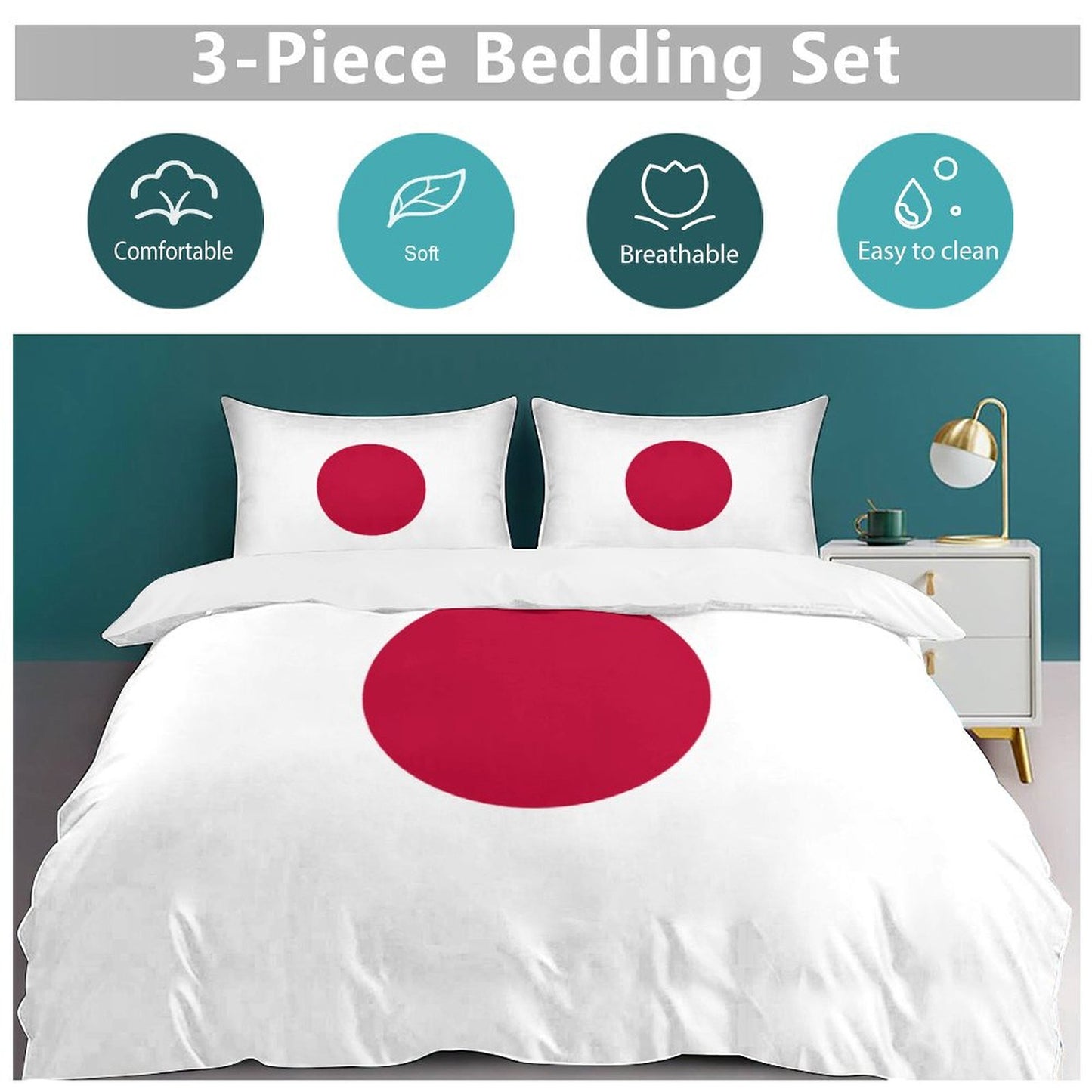 Japan Flag Inspired 3-Piece Bedding Set (1 Duvet Cover + 2 Pillow Shams) – 102"×90"
