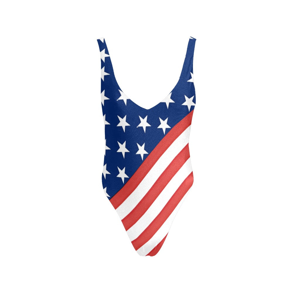 USA/American Flag Inspired Diagonal Stripes Women’s Backless One-Piece Swimsuit