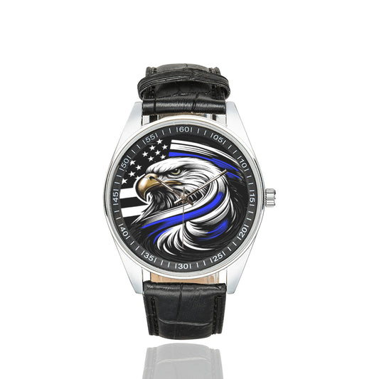 Thin Blue Line Flag Eagle Men's Casual  Leather Strap Watch