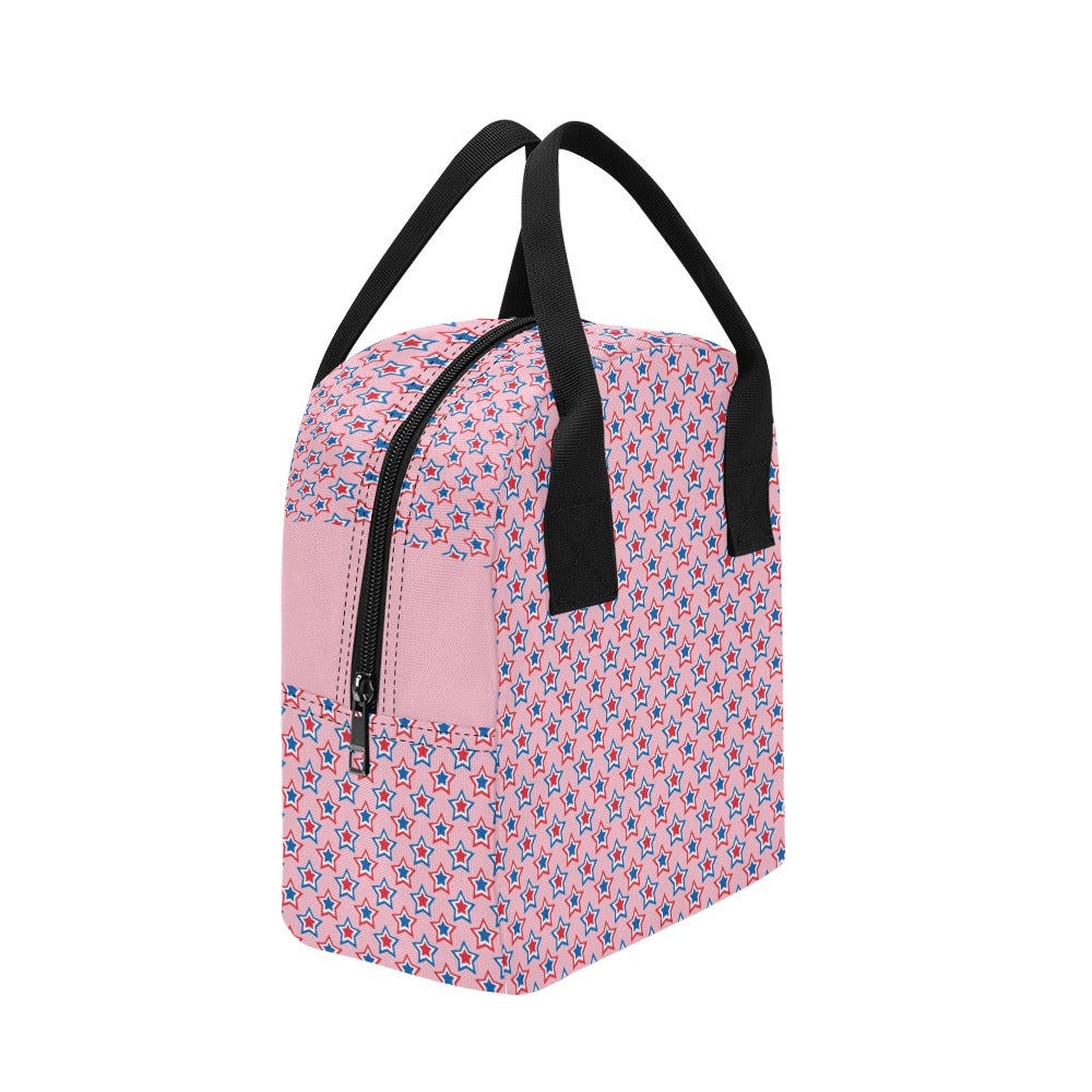 USA:American Flag Inspired Red, White & Blue Stars on Pink Insulated Lunch Bag