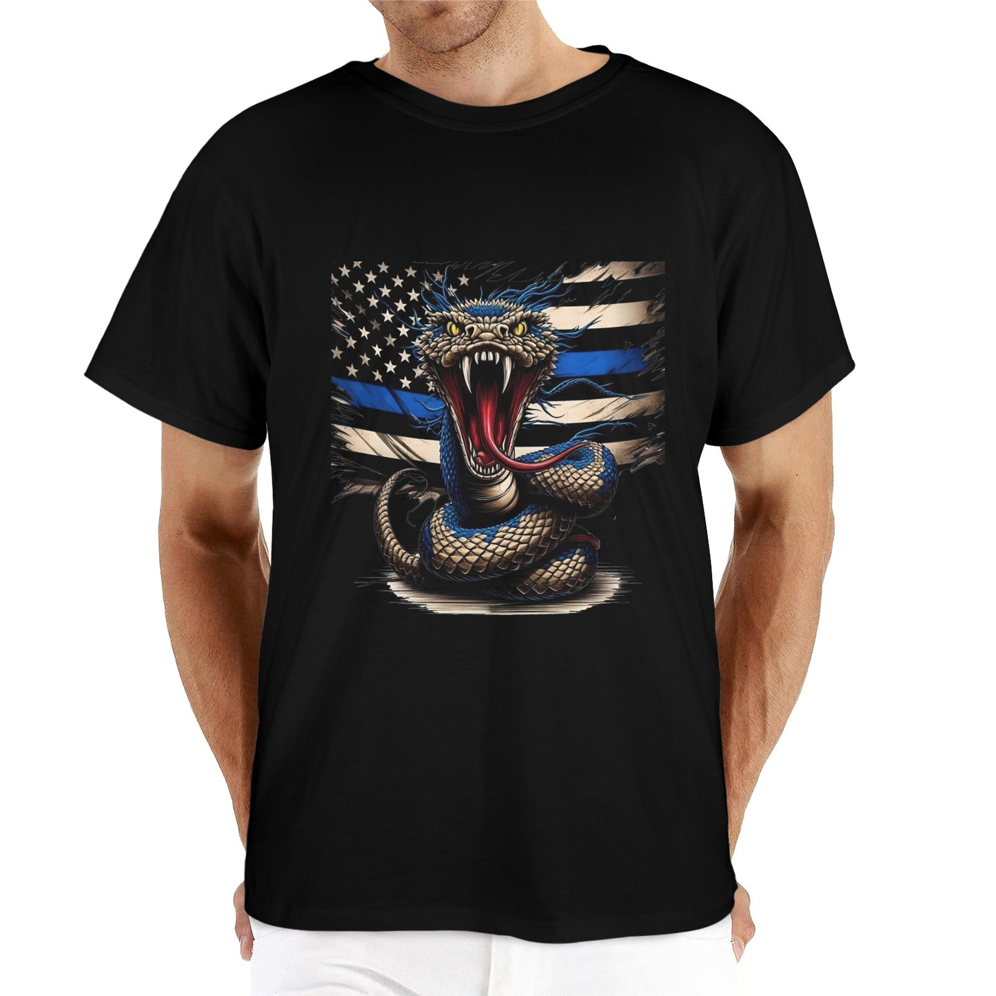 Thin Blue Line Flag Inspired Snake Men's Heavy Cotton T-Shirt (Made in the USA)