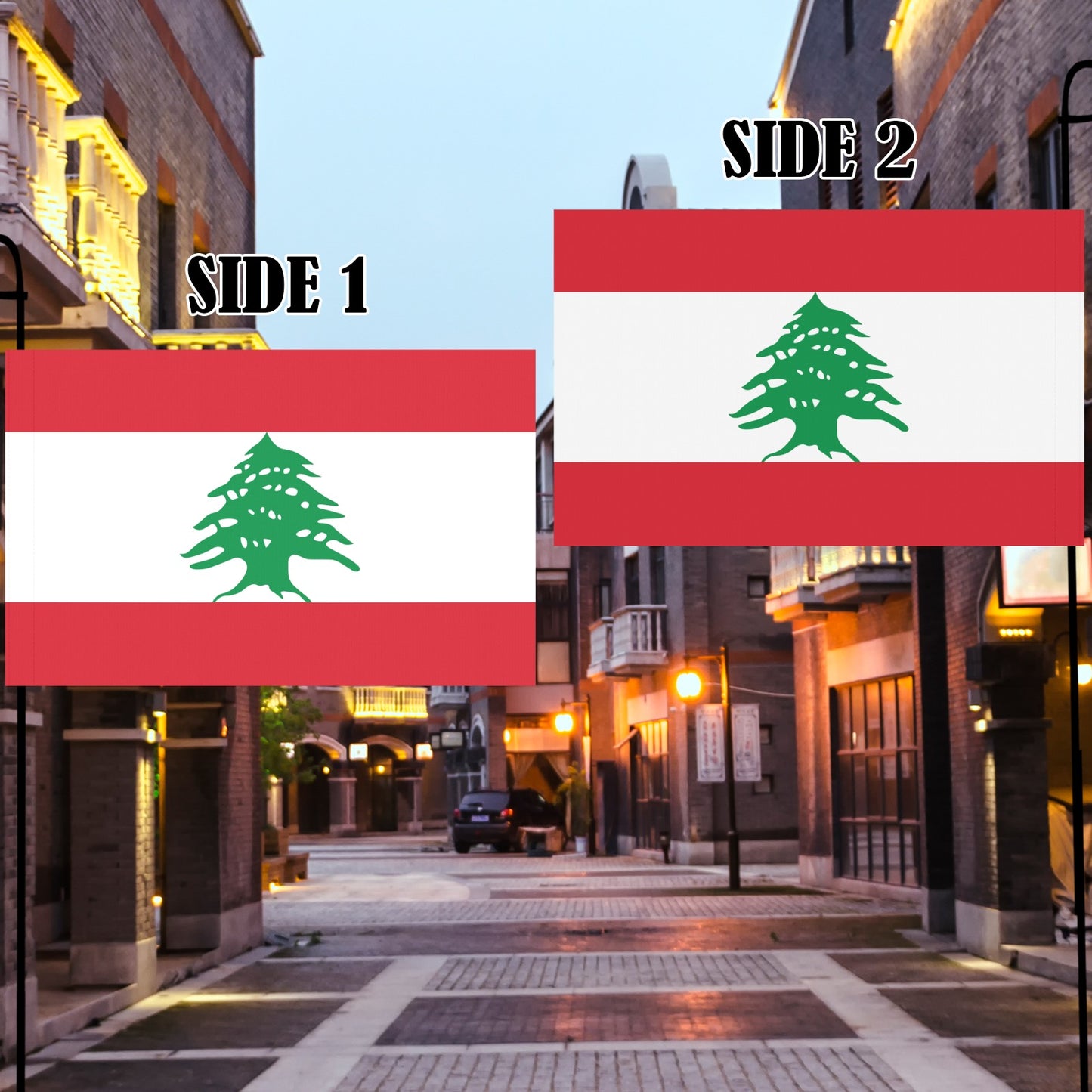 Luv My Flag: Two-sided Lebanese flag on urban street.