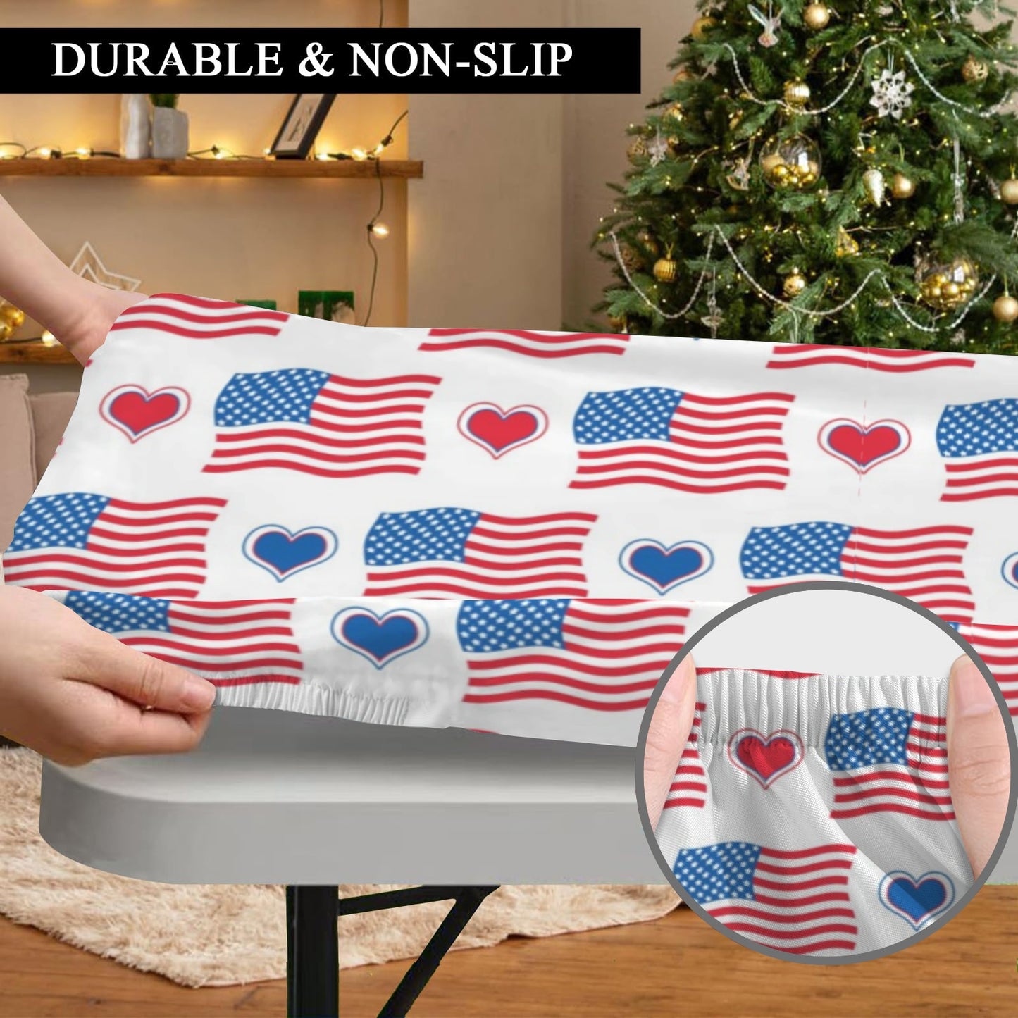 USA/American Flag Inspired Flags and Hearts Pattern Custom Elastic Fitted Tablecloth 72x30 inch (Made in the USA)