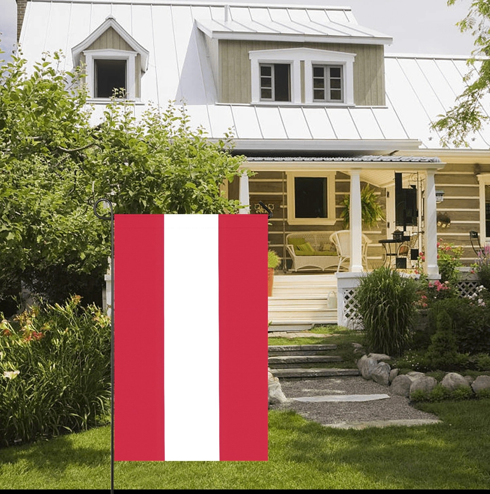 Front yard with Luv My Flag, red and white.