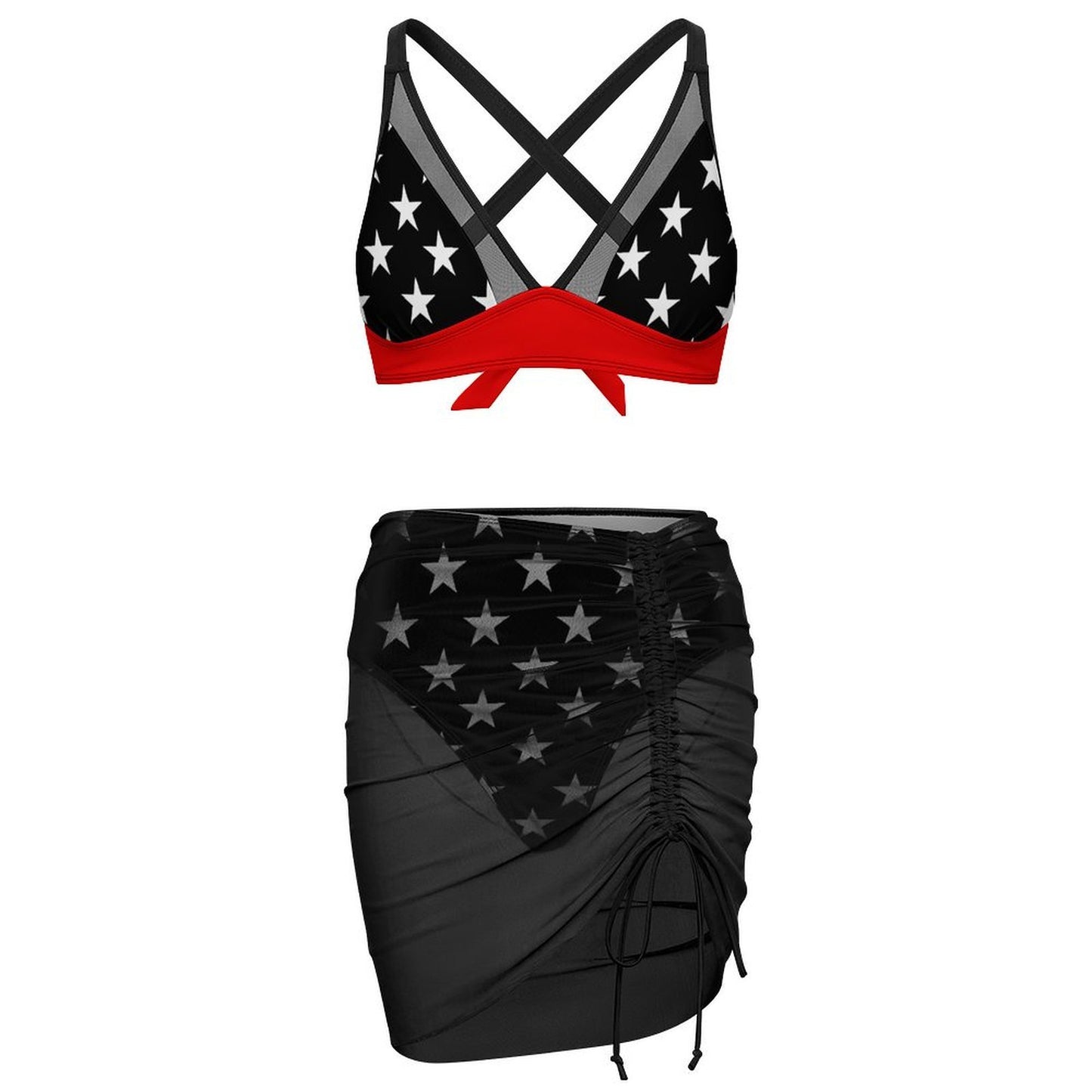 Thin Red Line Flag Inspired Style-2 Women's Mesh Drawstring Skirt and Swimsuit Set