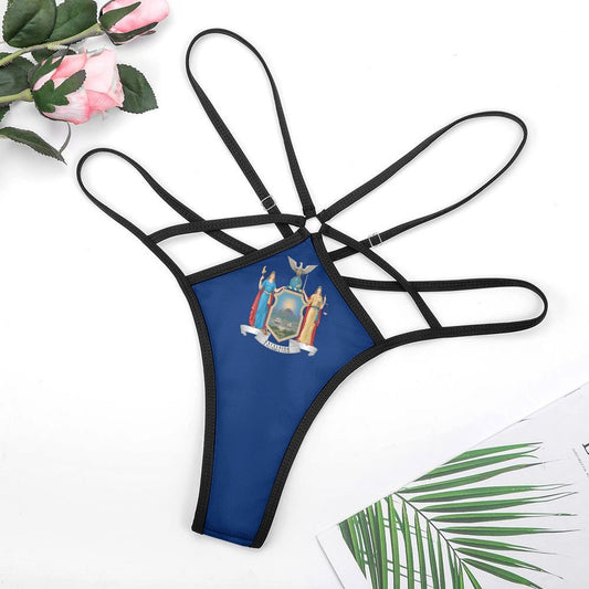[Brand] blue underwear with New York emblem, floral decoration.