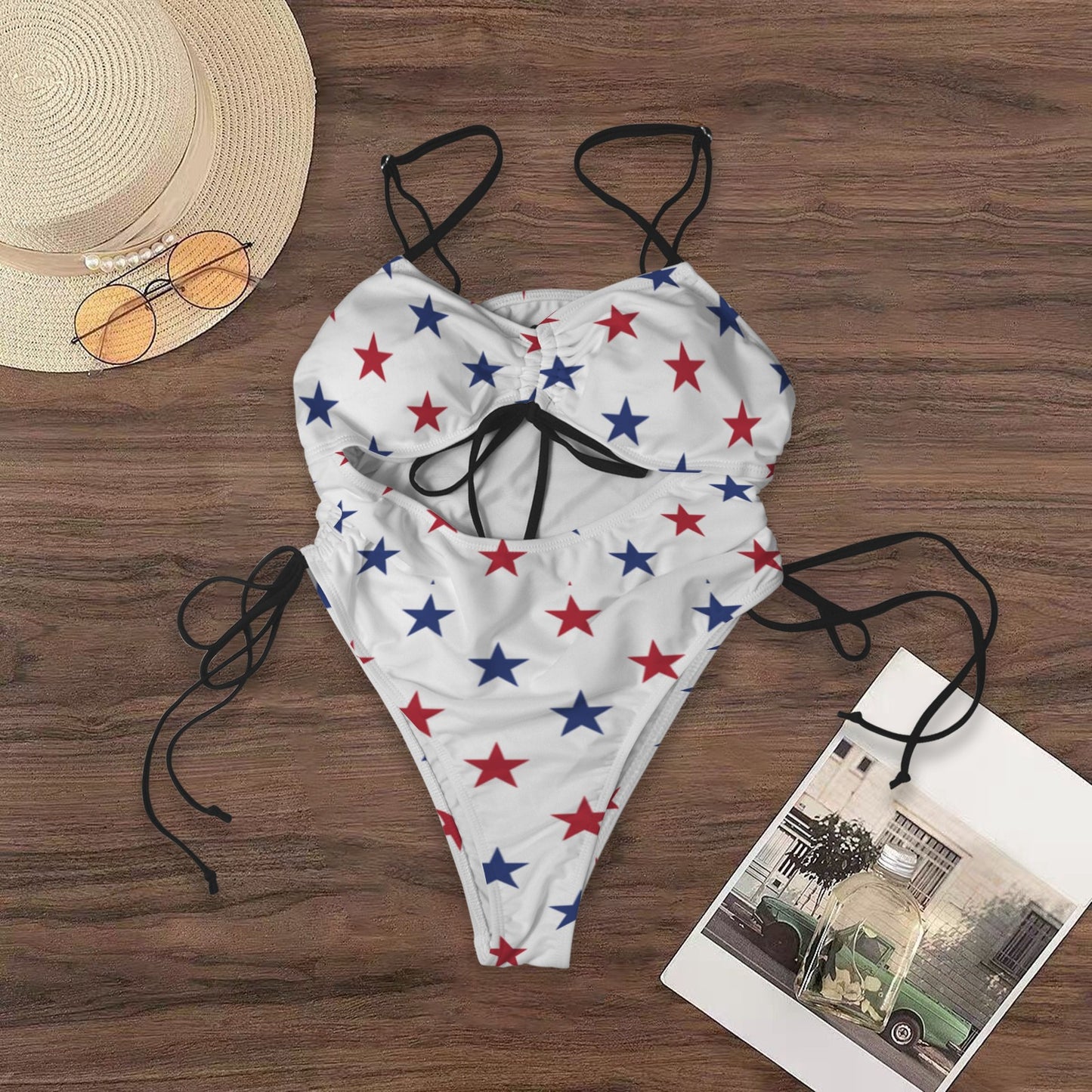 USA/American Flag Inspired Red and Blue Stars Women's Drawstring Cutout One Piece Swimsuit