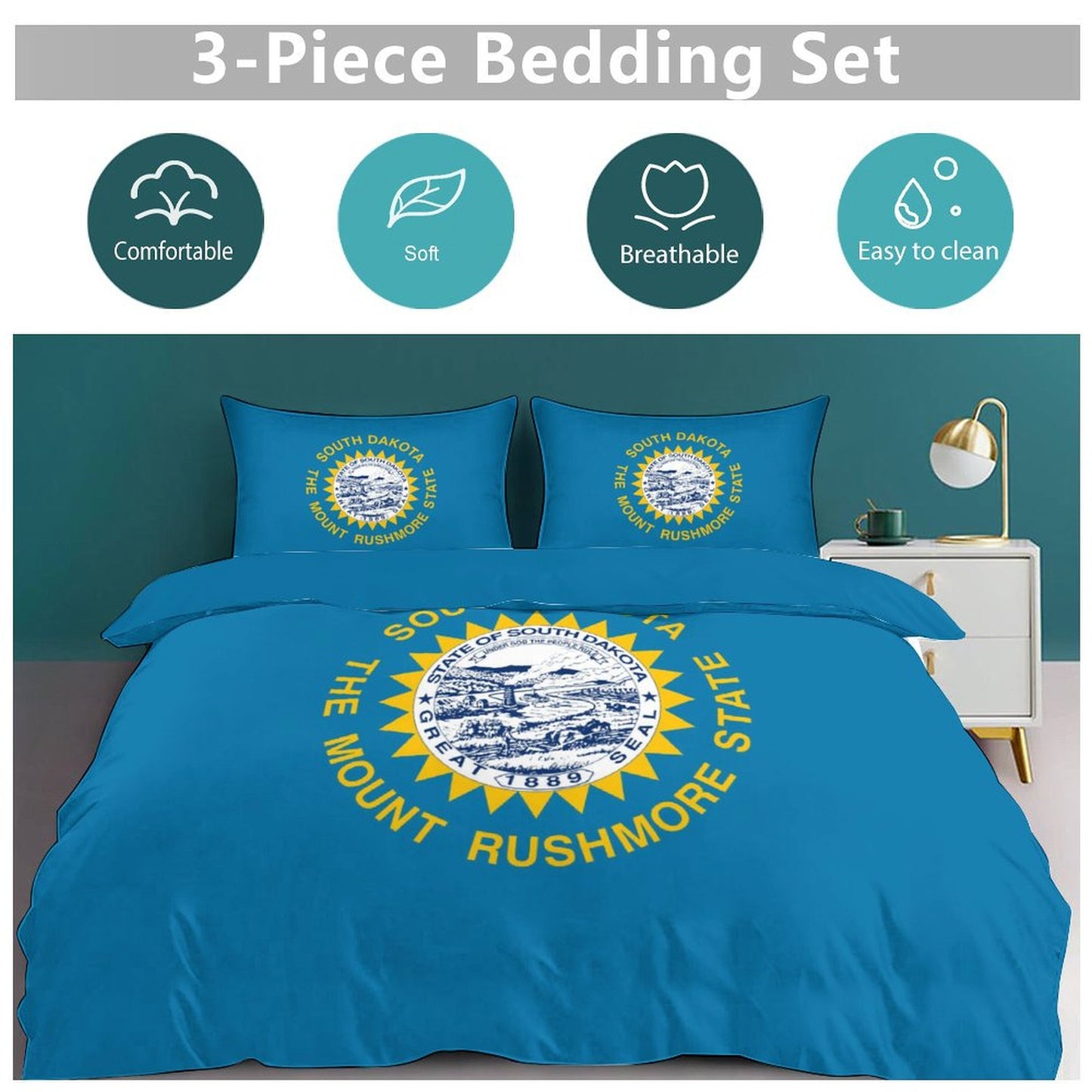 South Dakota Flag Inspired 3-Piece Bedding Set (1 Duvet Cover + 2 Pillow Shams) – 102"×90"