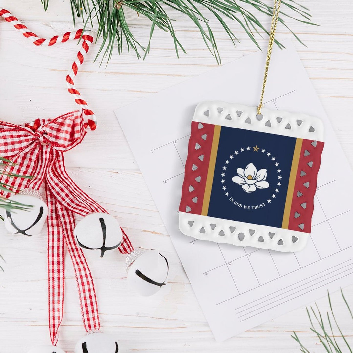 Mississippi Flag Inspired Square Ceramic Ornament Made in the USA