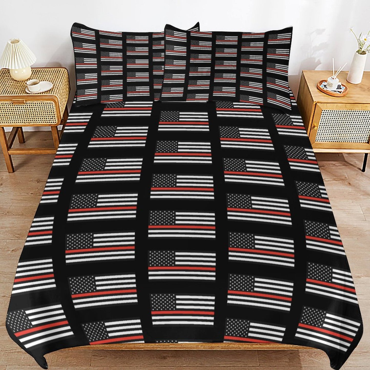 Thin Red Line Flag Inspired 3-Piece Bedding Set (1 Duvet Cover + 2 Pillow Shams) – 102"×90"