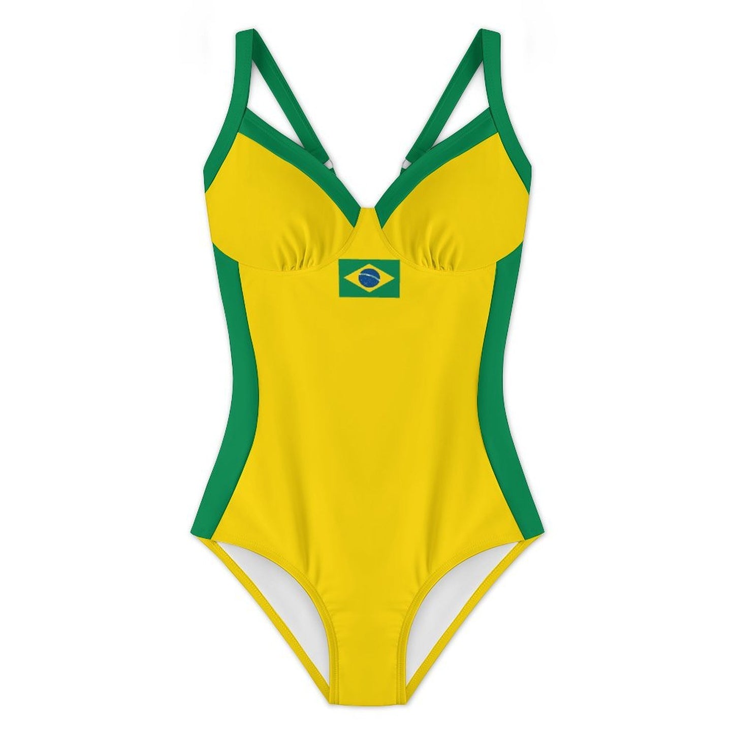 Brazil Flag Inspired Criss Cross Back One Piece Swimsuit