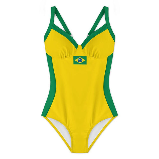 Brazil Flag Inspired Criss Cross Back One Piece Swimsuit