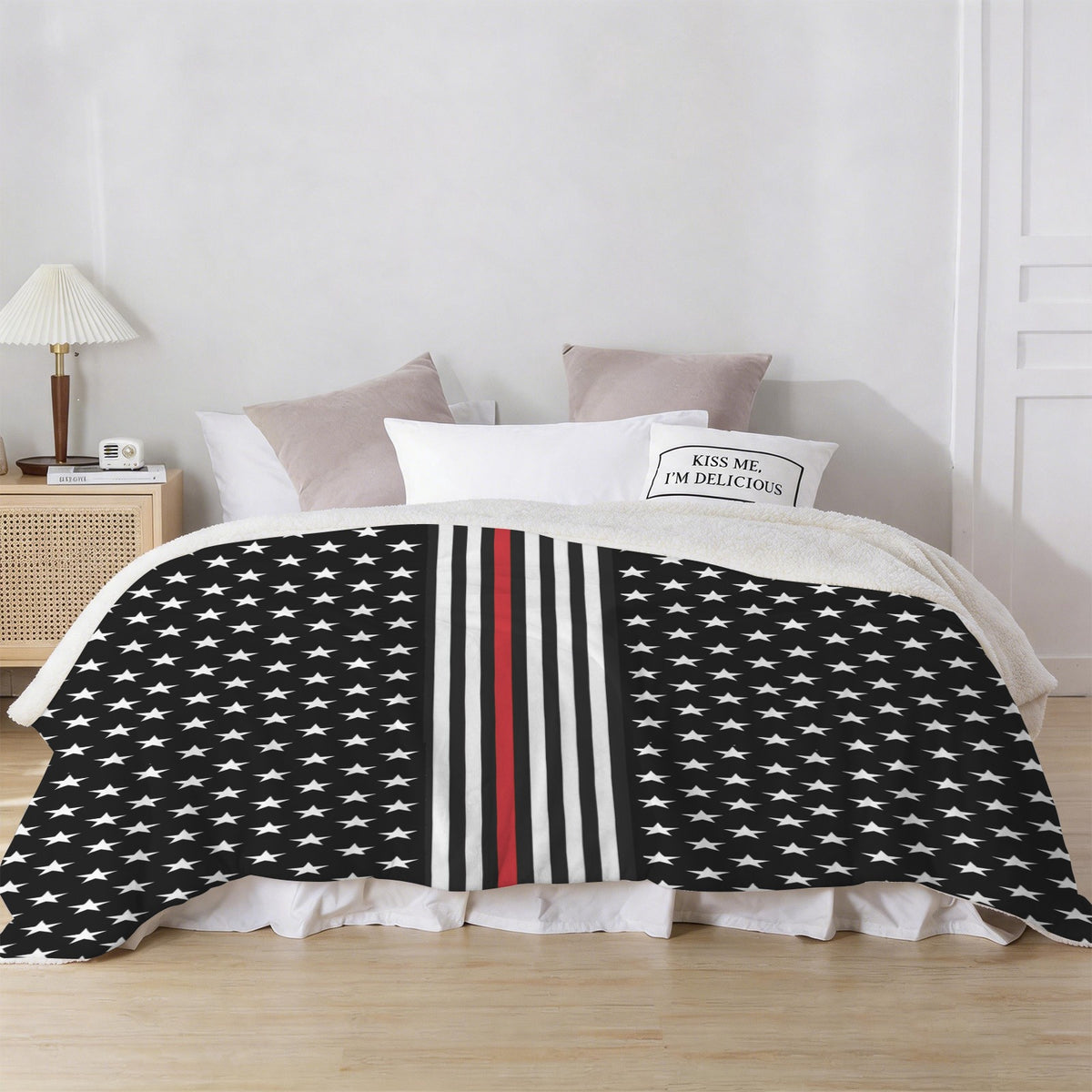 Thin Red Line Flag Inspired Style-2 Sherpa Fleece Blanket 90" x 108" | Prtinted in the USA