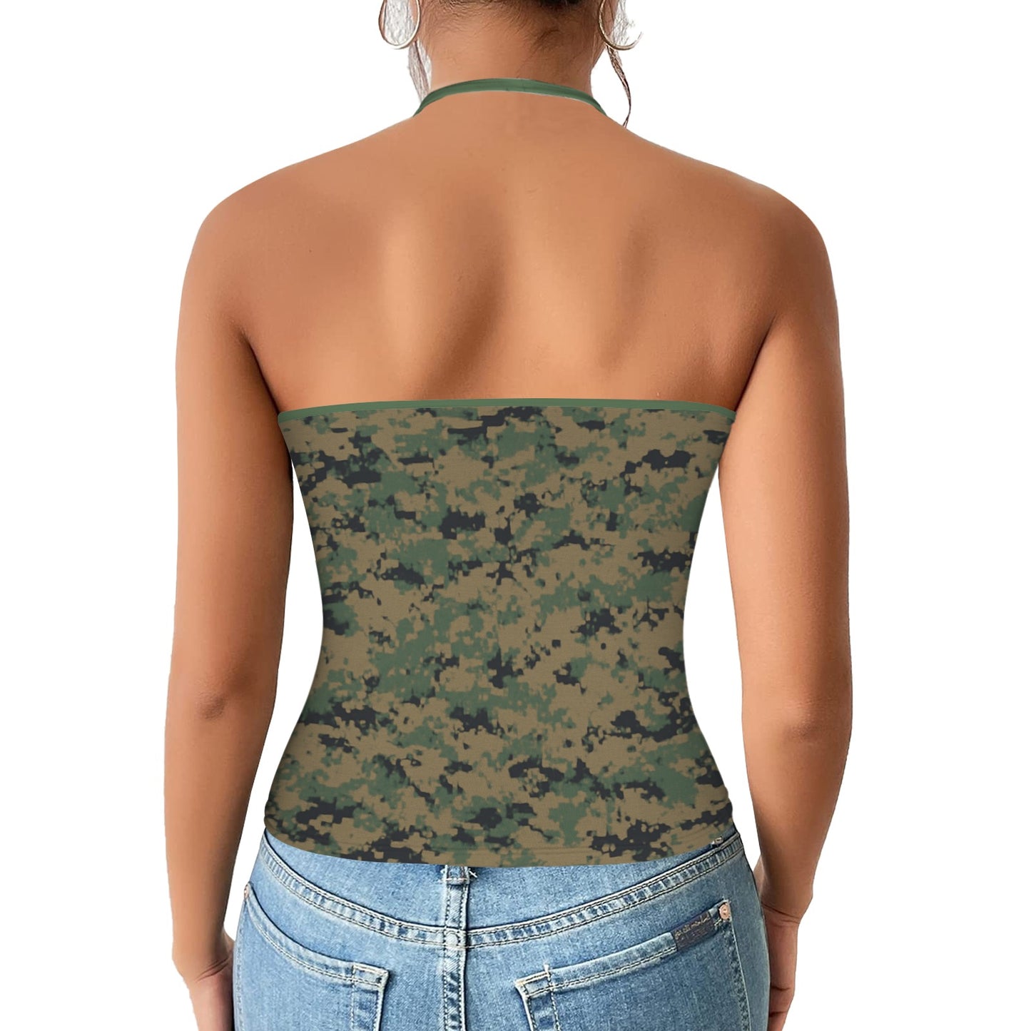 Thin Green Line Flag Inspired Eagle on Digital Camo V-neck Halter Open Back Tank Top