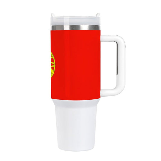 [Brand] red travel mug with handle and clear lid.