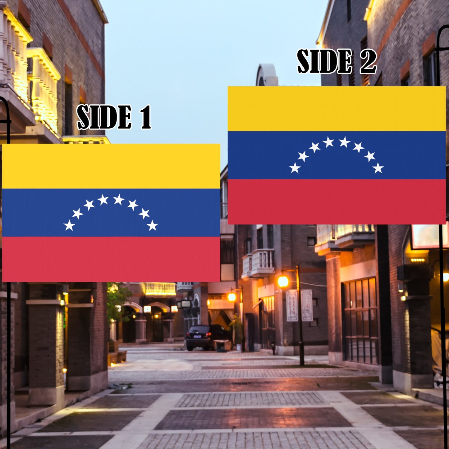 Dual-sided Venezuelan flag from Luv My Flag, street display.