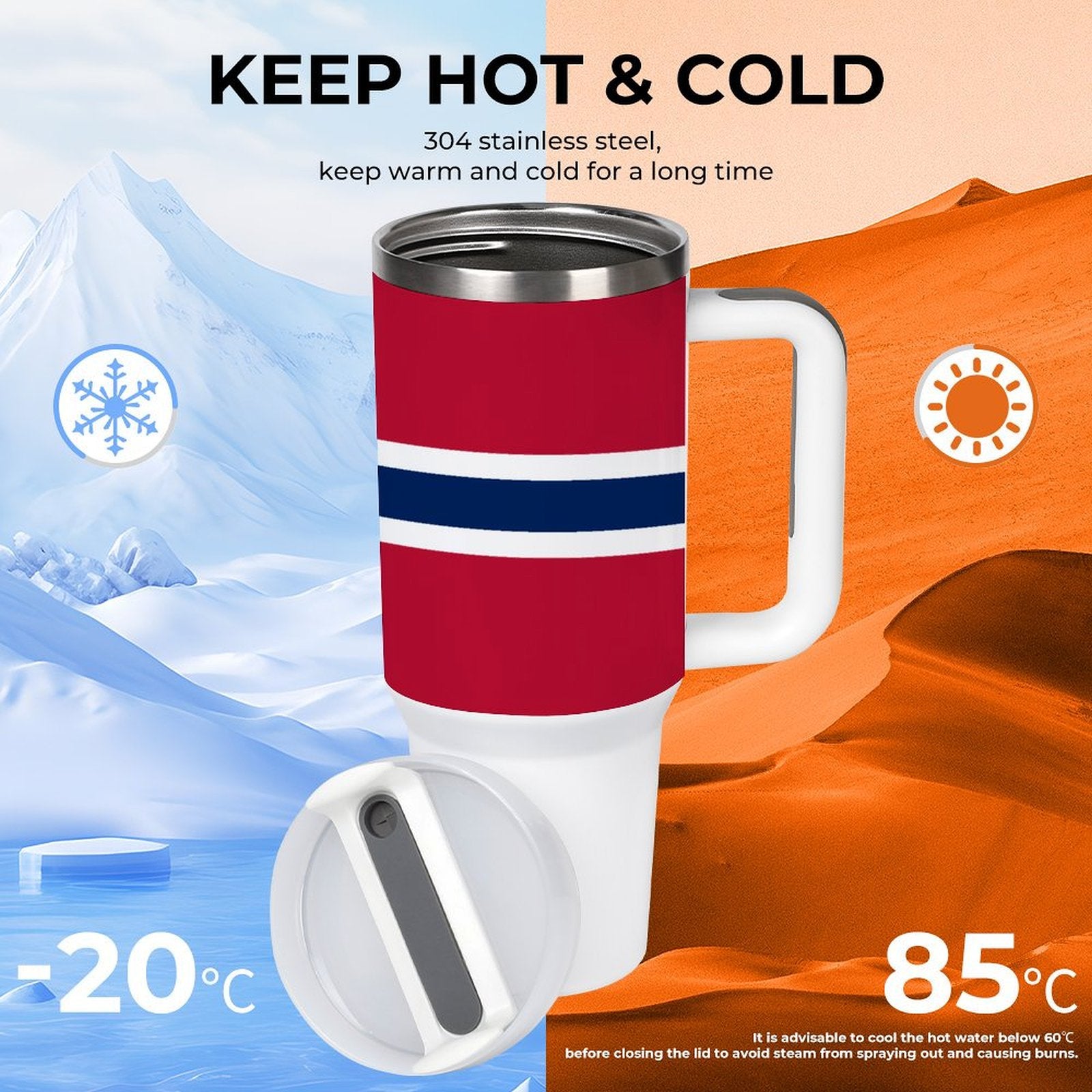 [Brand] thermos keeps drinks hot or cold; stylish design.