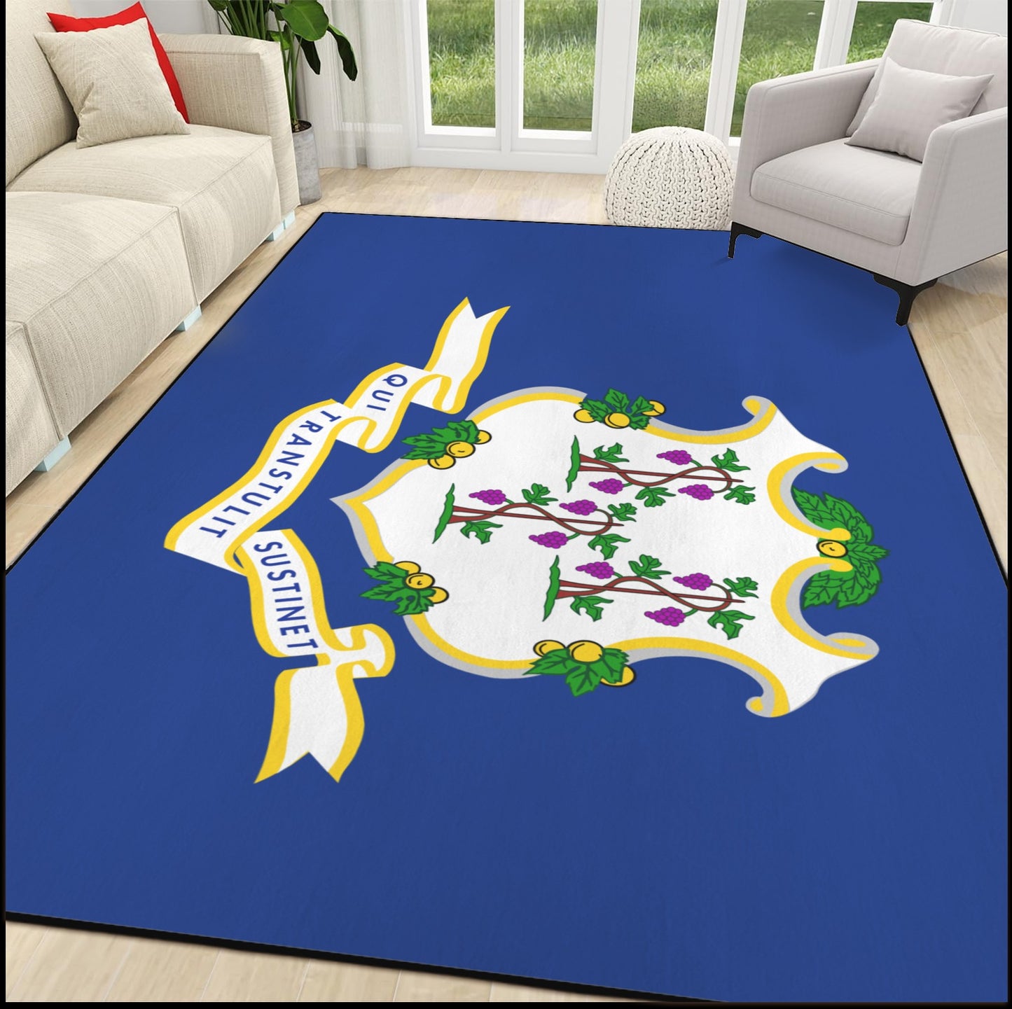 Connecticut Flag Inspired 84x60 Inch Area Rug with Black Binding (Made in the USA)