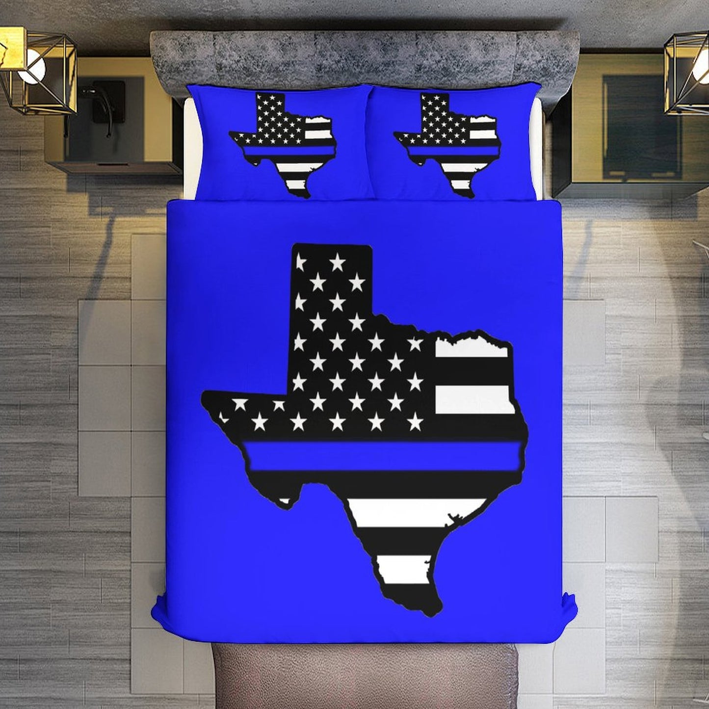 Thin Blue Line Flag Inspired Texas State Shape 3-Piece Bedding Set (1 Duvet Cover + 2 Pillow Shams) – 102"×90"